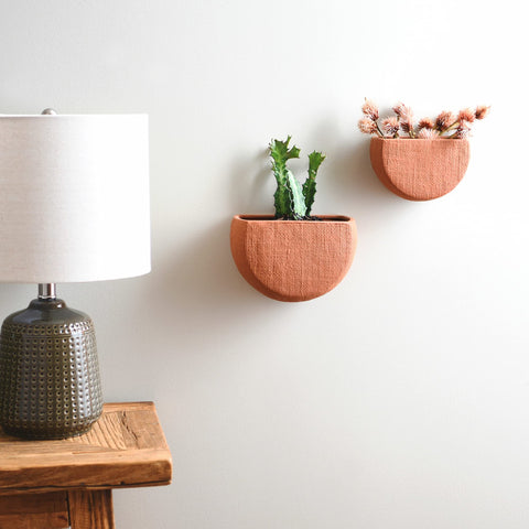 Main + Mesa large stoneware wall planter with embossed hatch detail for a bold accent