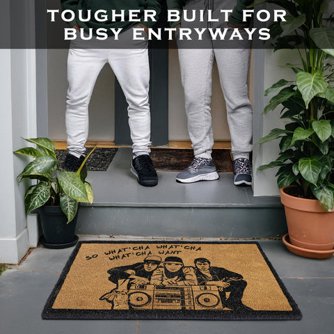 MAINEVENT Beasty Boys welcome mat 30x17 covered patio demonstrates weather-ready design.