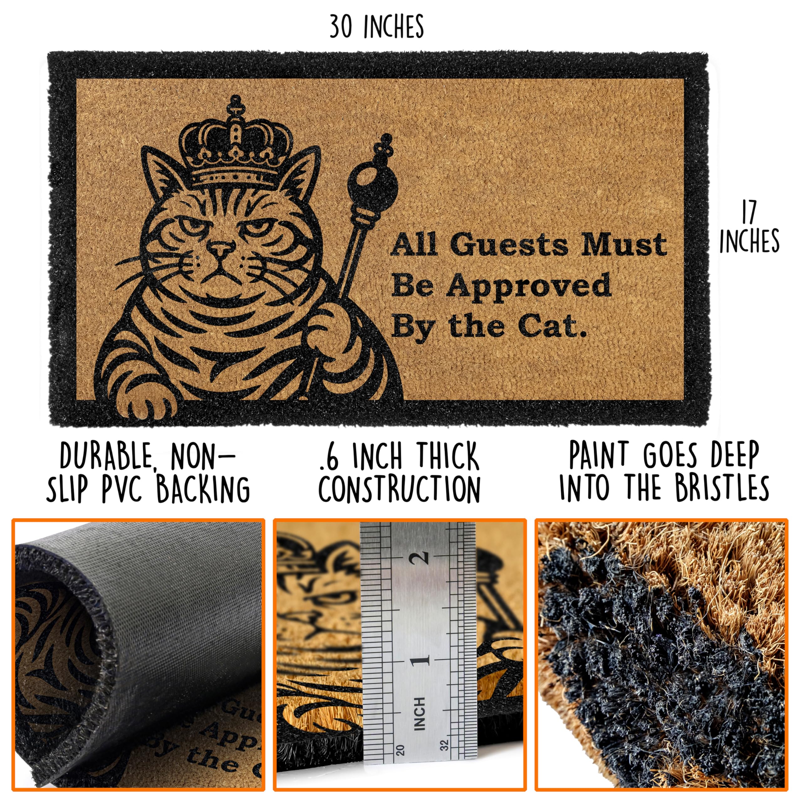 MAINEVENT Black Cat Approved Doormat demonstrates 0.6-inch natural coir fibers for dirt scraping