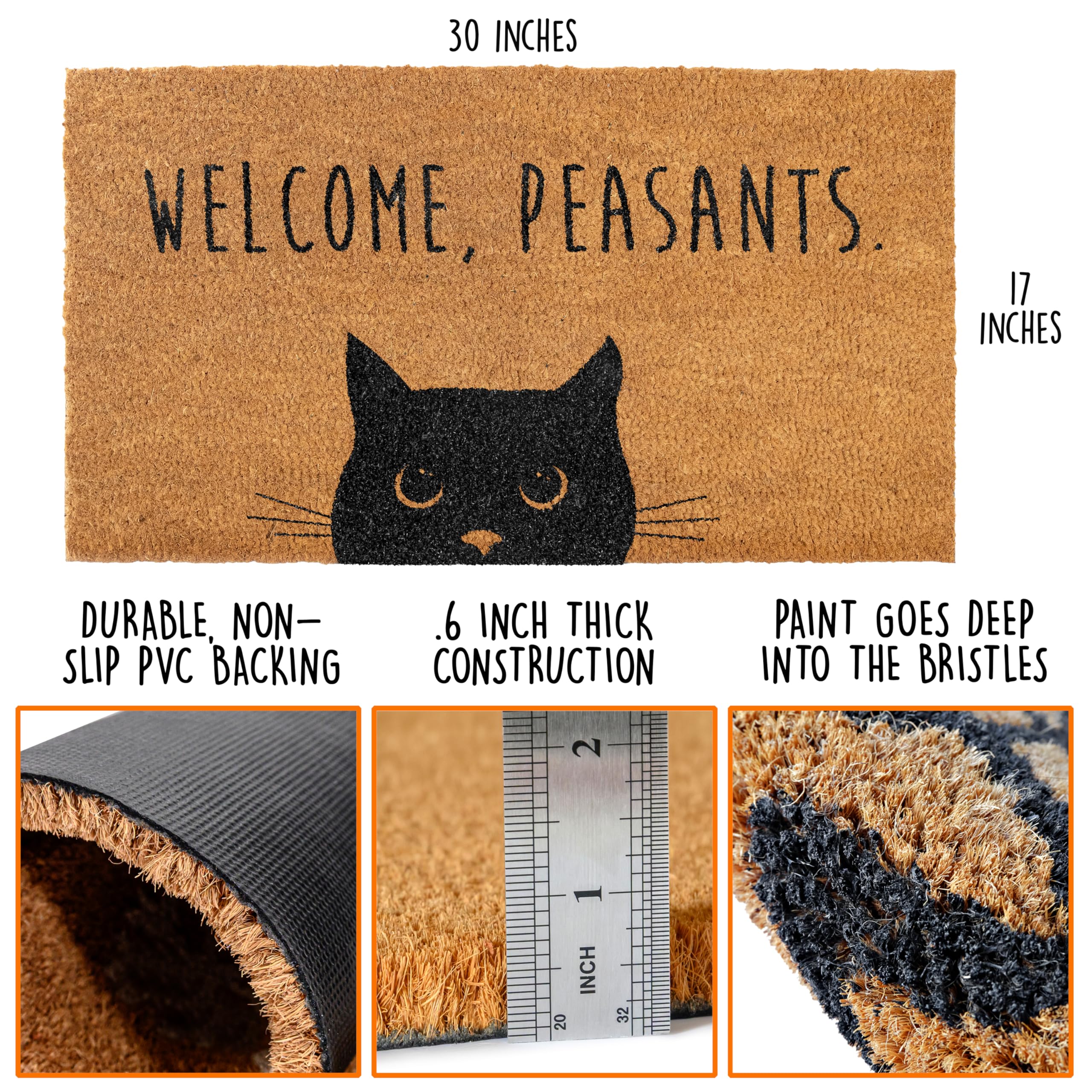 MAINEVENT Black cat door mat close-up highlights durable coco fiber construction.