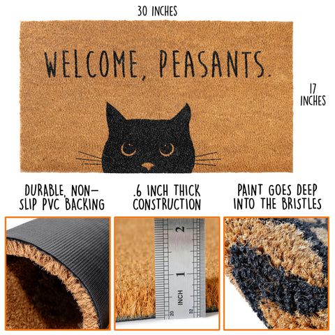 MAINEVENT Black cat door mat close-up highlights durable coco fiber construction.