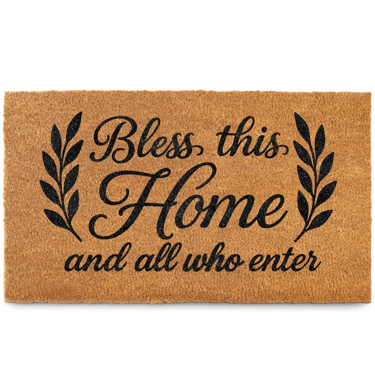MAINEVENT Bless This Home doormat at the front door welcomes guests warmly.