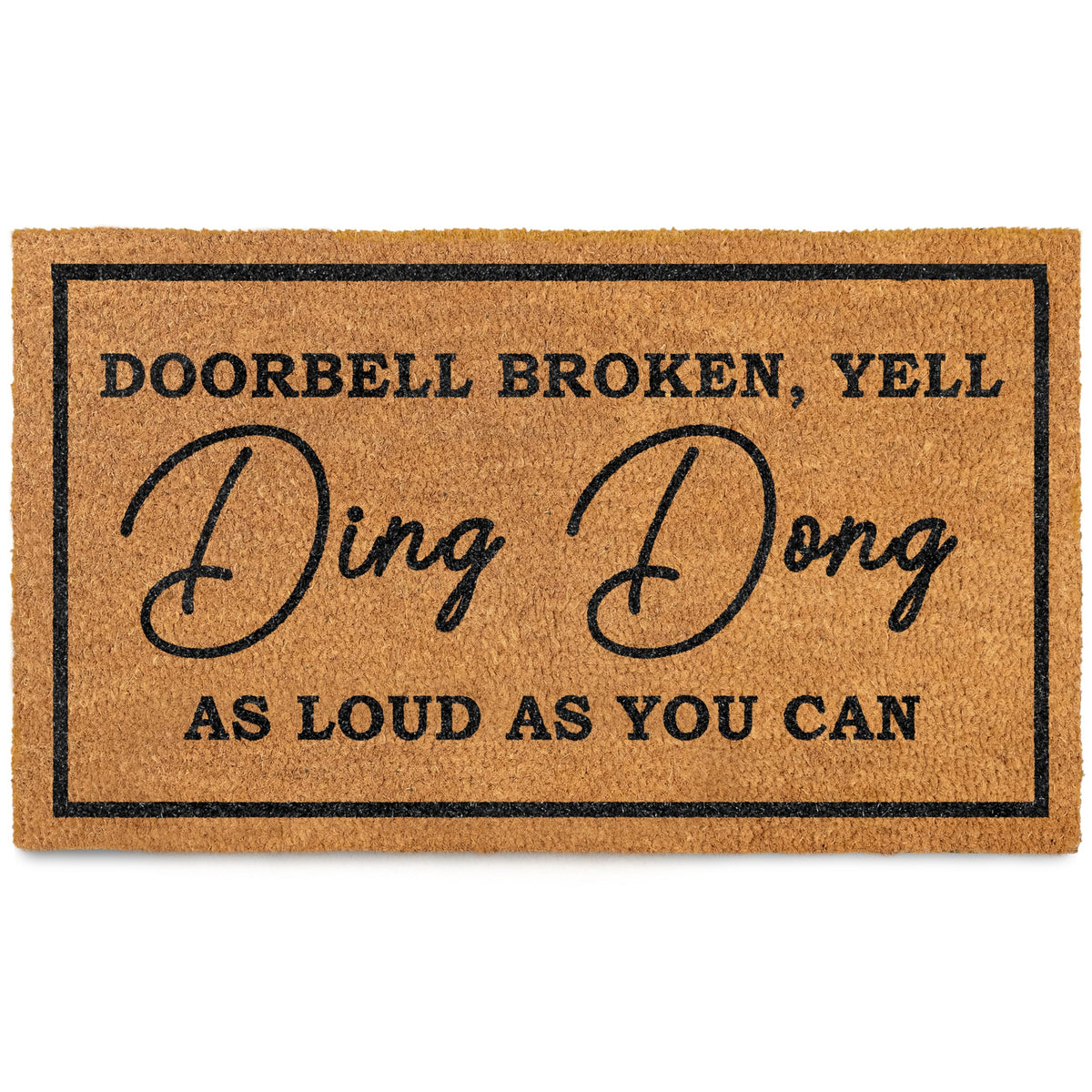 MAINEVENT ding dong doorbell doormat greets guests with humor, designed for covered porch durability.