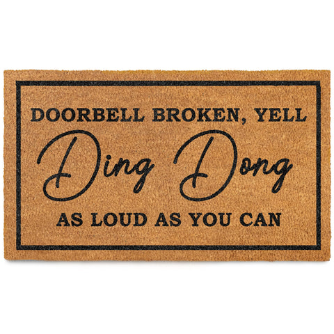 MAINEVENT ding dong doorbell doormat greets guests with humor, designed for covered porch durability.