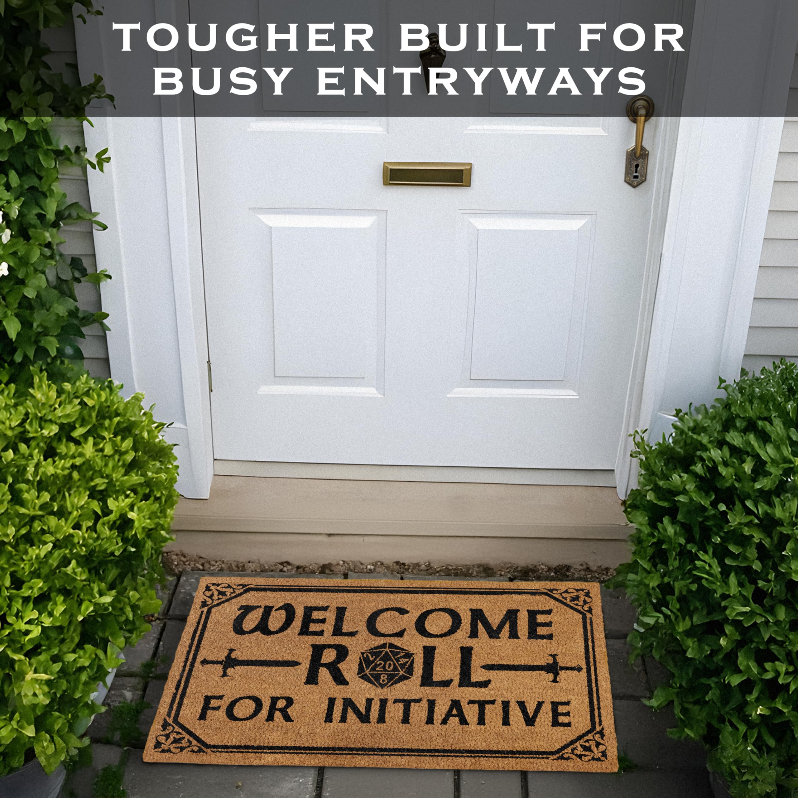 MAINEVENT Roll for Initiative doormat close-up showing bold print and thick construction