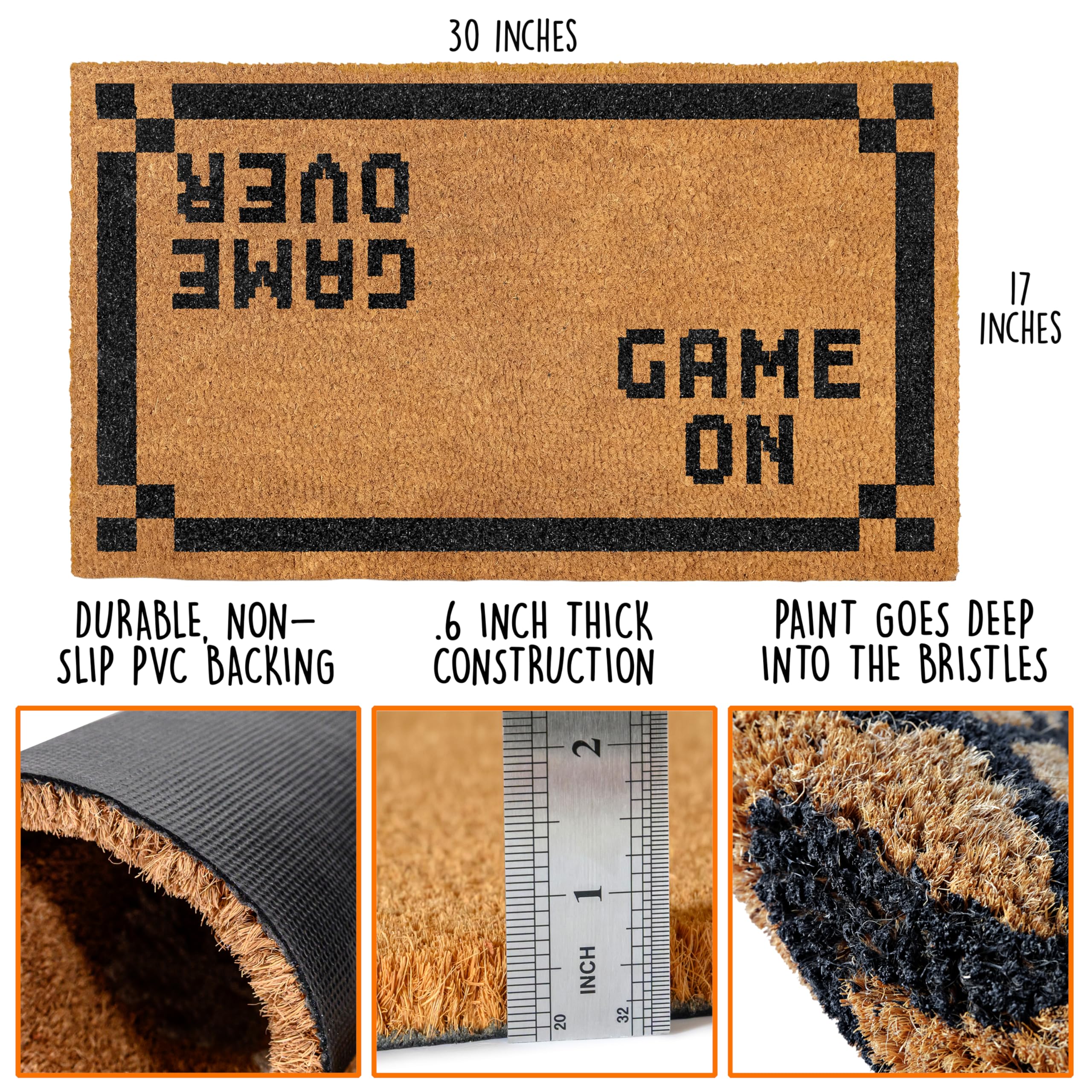 MAINEVENT Game Over Door Mat closeup graphics, bold nerdy print for porch appeal