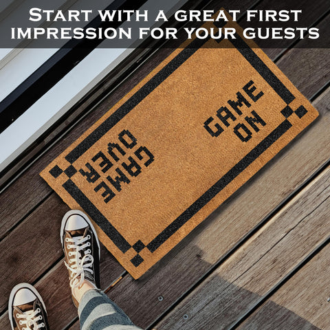 MAINEVENT Game Over Door Mat entryway display, friendly nerdy welcome
