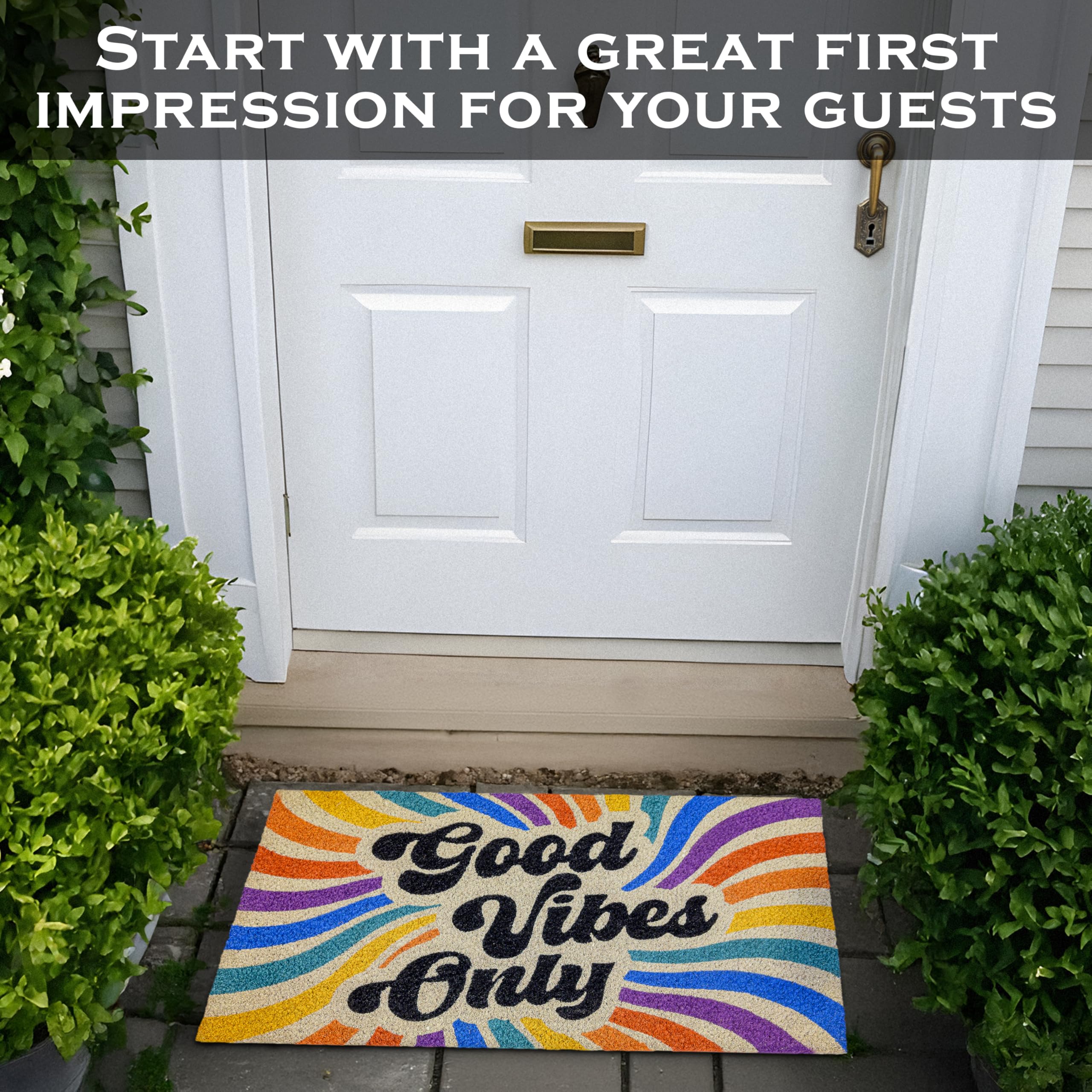 Close-up of MAINEVENT Good Vibes Only Door Mat reveals vibrant, non-bleeding paint