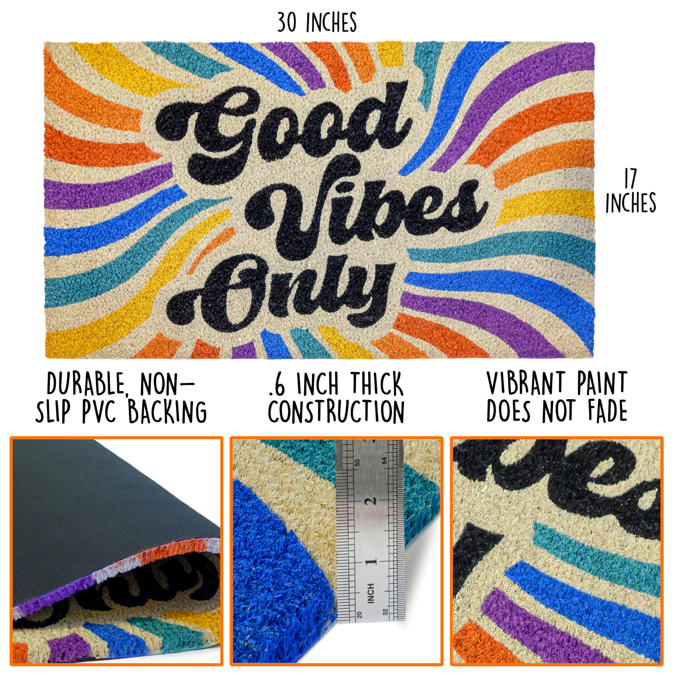 MAINEVENT Good Vibes Only Door Mat shows textured coco fiber for durable dirt trapping