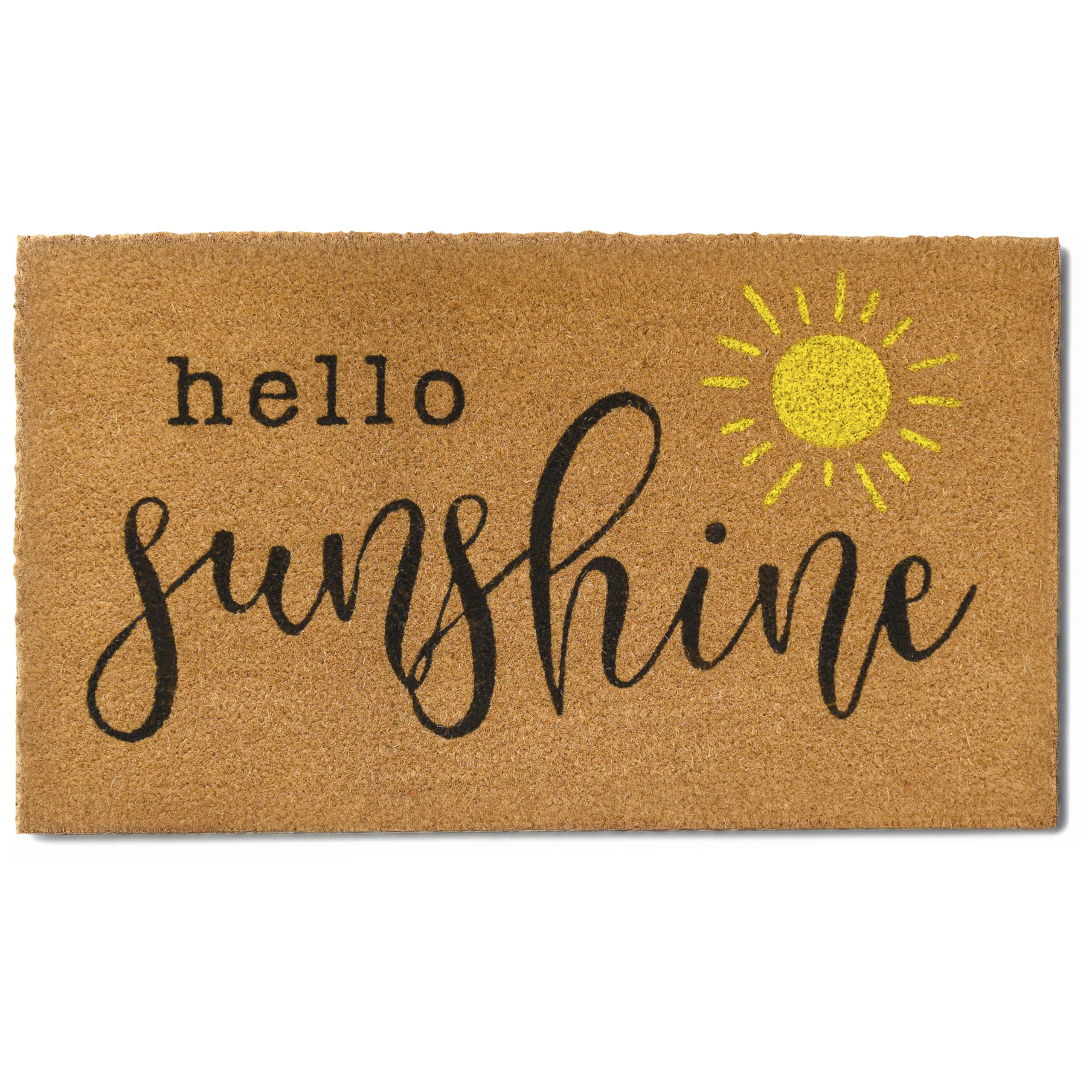 MAINEVENT Hello Sunshine doormat with non-slip backing for secure outdoor placement.