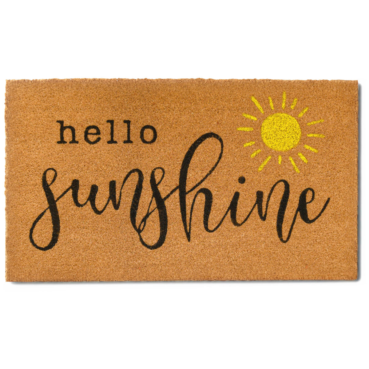 MAINEVENT Hello Sunshine doormat with non-slip backing for secure outdoor placement.