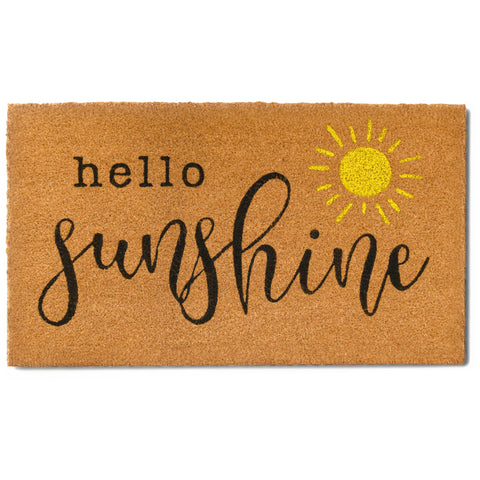 MAINEVENT Hello Sunshine doormat with non-slip backing for secure outdoor placement.