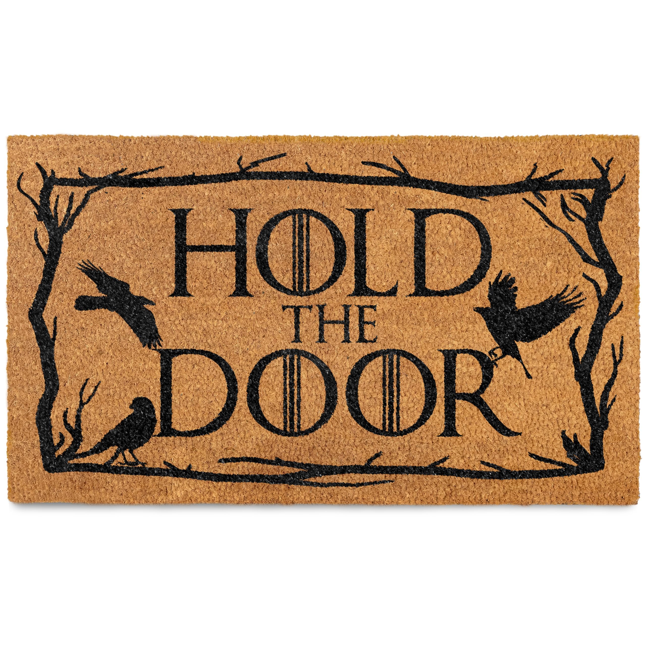 MAINEVENT Hold the Door doormat displayed at doorway, sturdy and welcoming