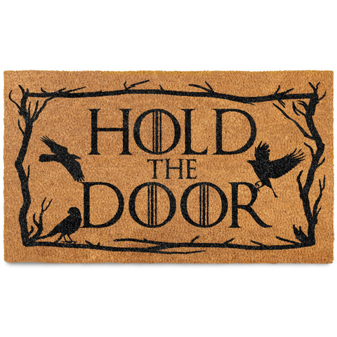 MAINEVENT Hold the Door doormat displayed at doorway, sturdy and welcoming