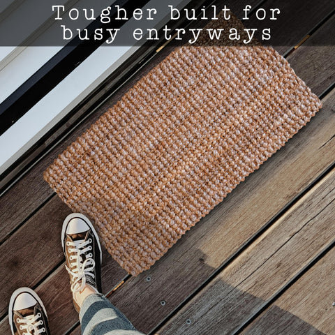 MAINEVENT jute doormat texture detail reveals natural color and rustic appeal.