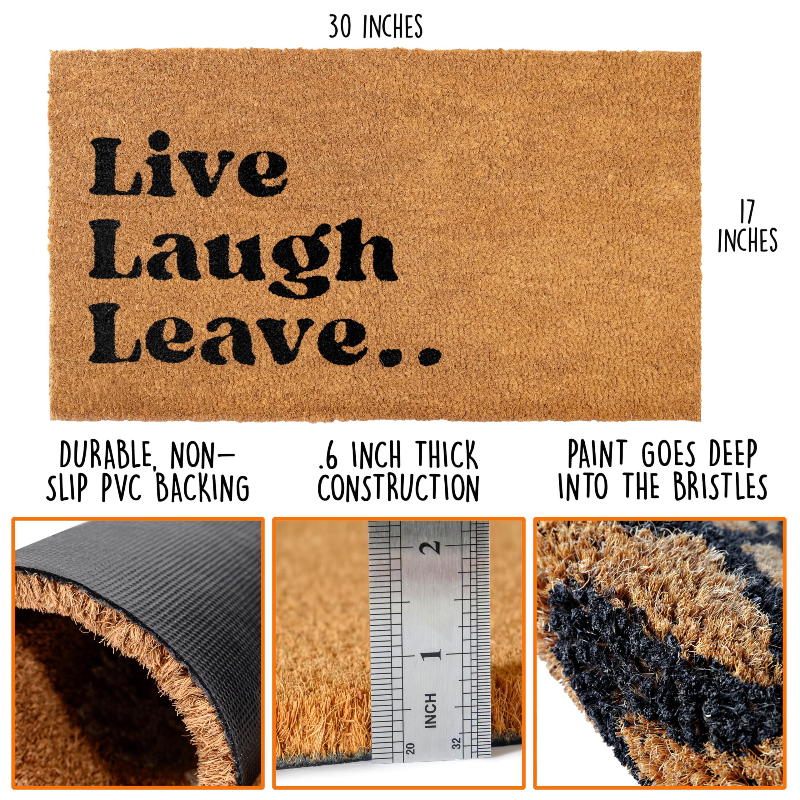 MAINEVENT Live Laugh Leave welcome mat with non-slip backing prevents slips on rainy entryways outside porches.