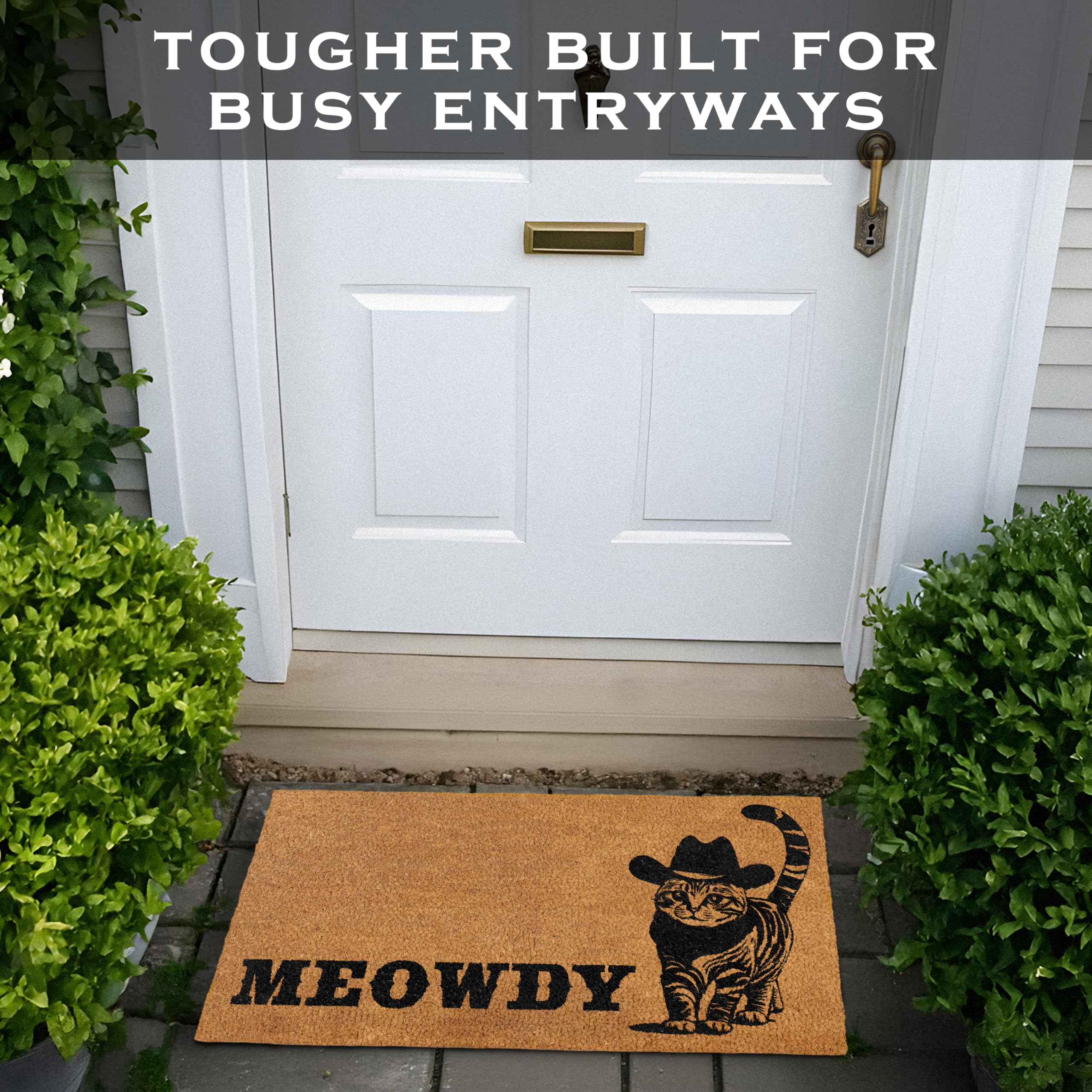 MAINEVENT Meowdy Doormat placed on a covered patio for sheltered outdoor use.