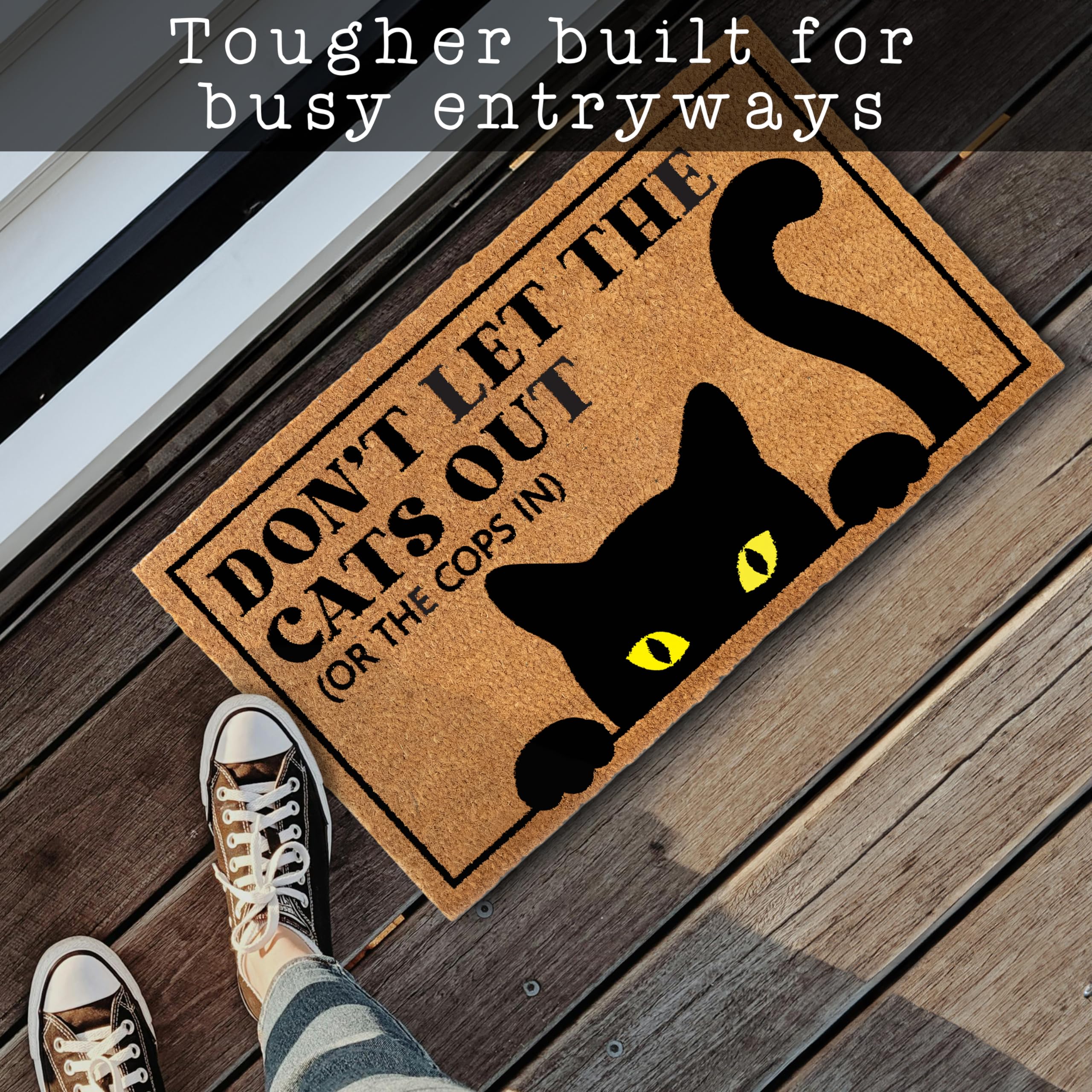 MAINEVENT outdoor welcome mat with black cat motif is ideal for covered entryways.