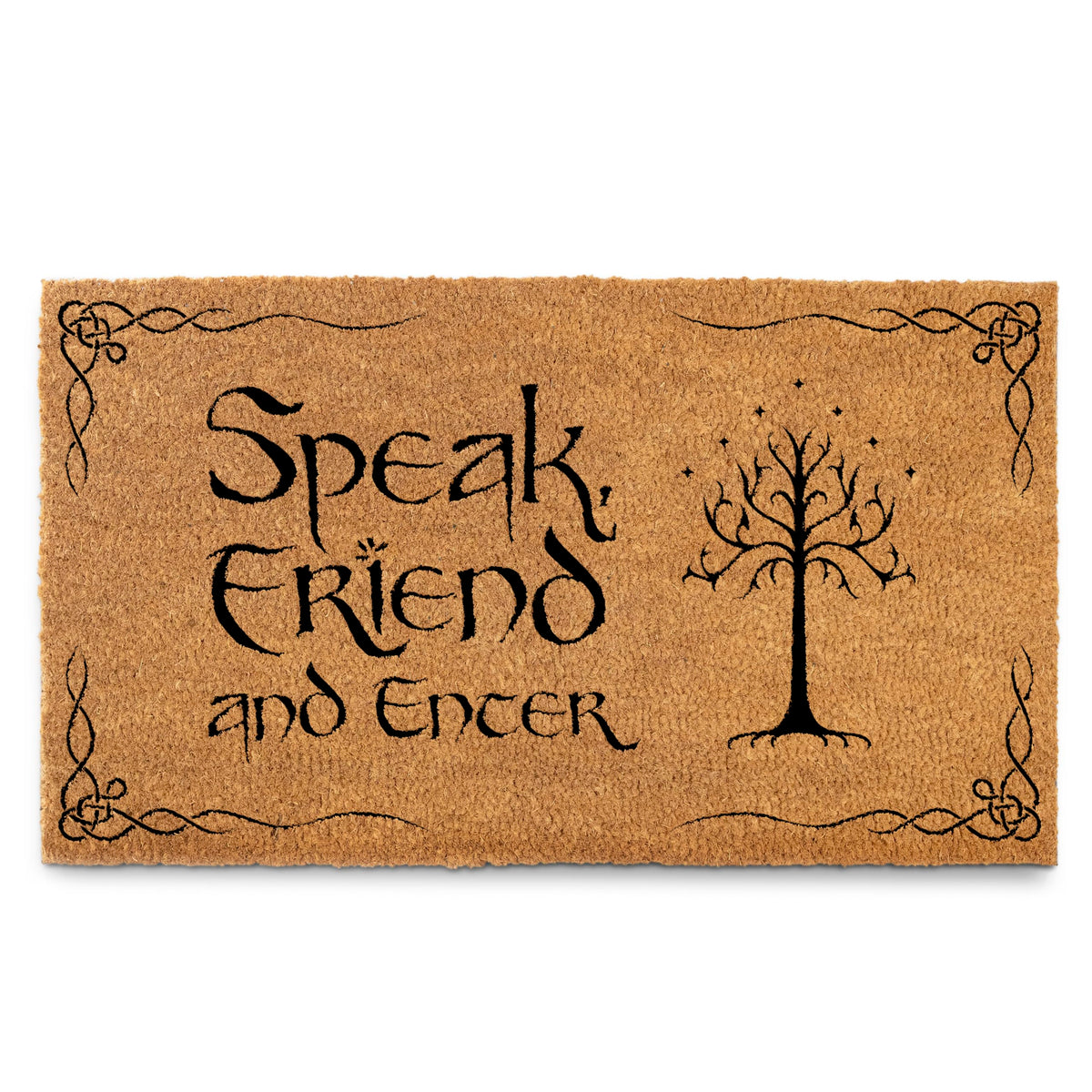 MAINEVENT Speak Friend and Enter doormat welcomes guests at a covered outdoor entry