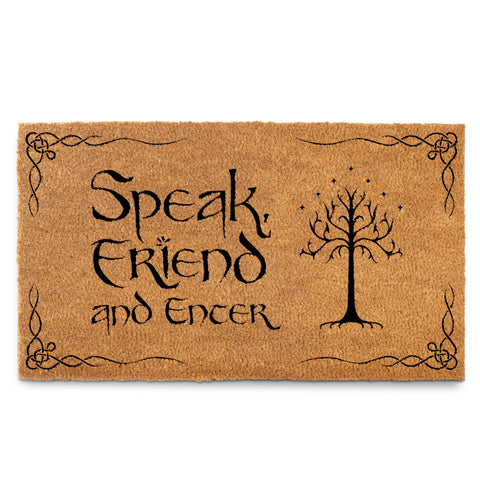 MAINEVENT Speak Friend and Enter doormat welcomes guests at a covered outdoor entry