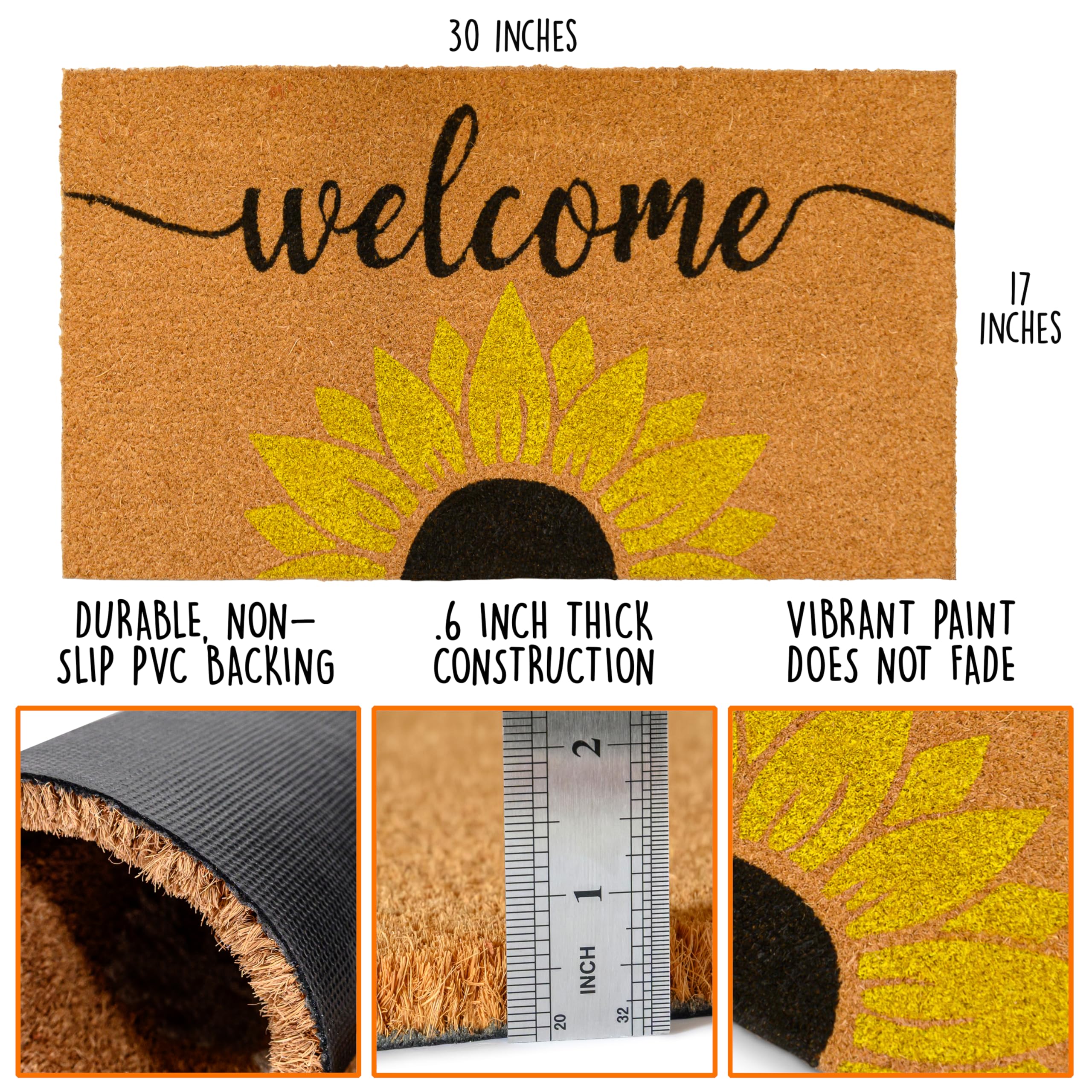 MAINEVENT Sunflower Welcome Mat close-up fibers highlight durable coco construction for outdoor use.