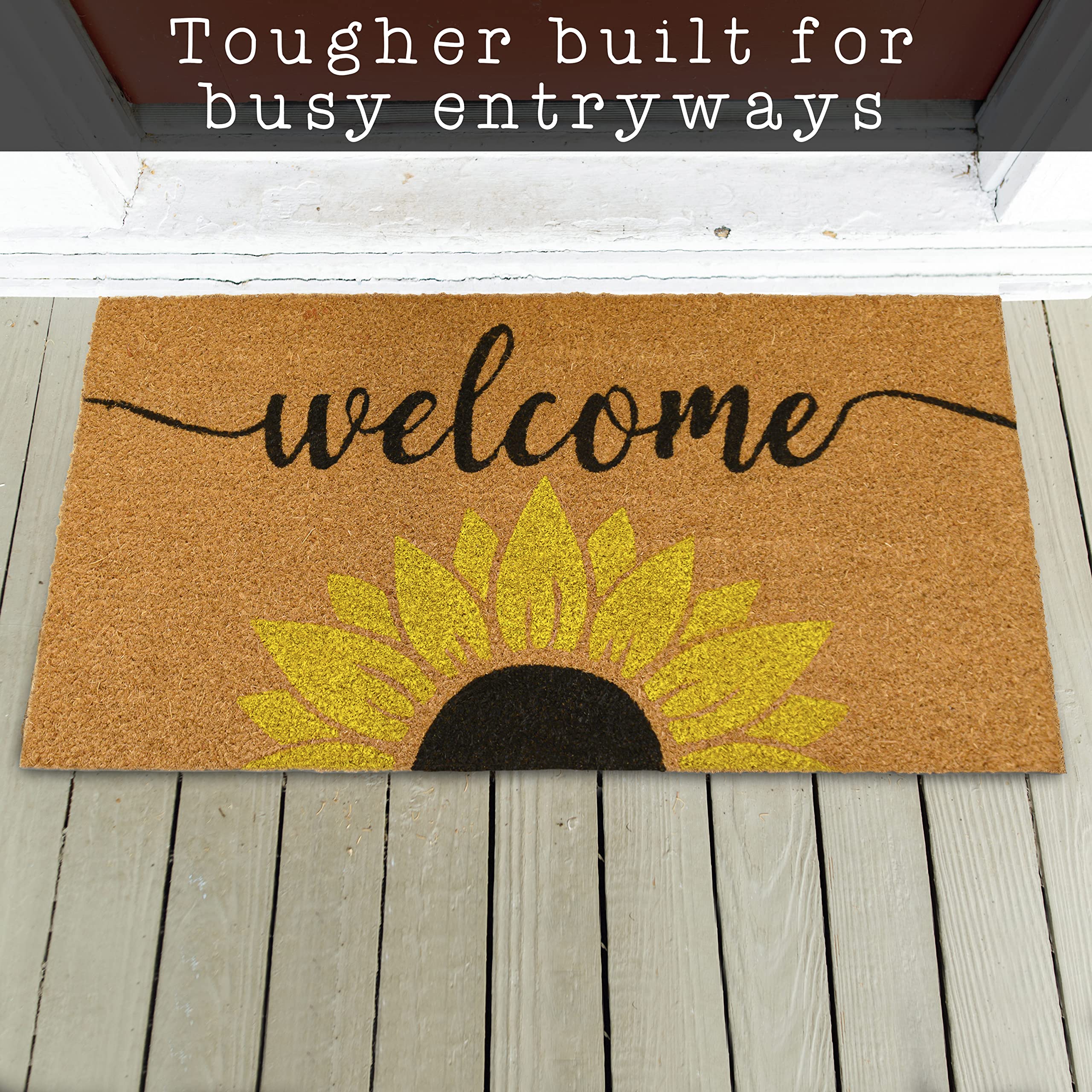 MAINEVENT Sunflower Welcome Mat durability emphasized by tight weave and 0.6 inch height.