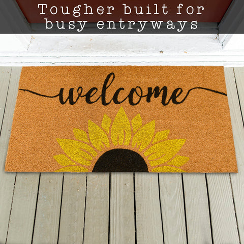 MAINEVENT Sunflower Welcome Mat durability emphasized by tight weave and 0.6 inch height.