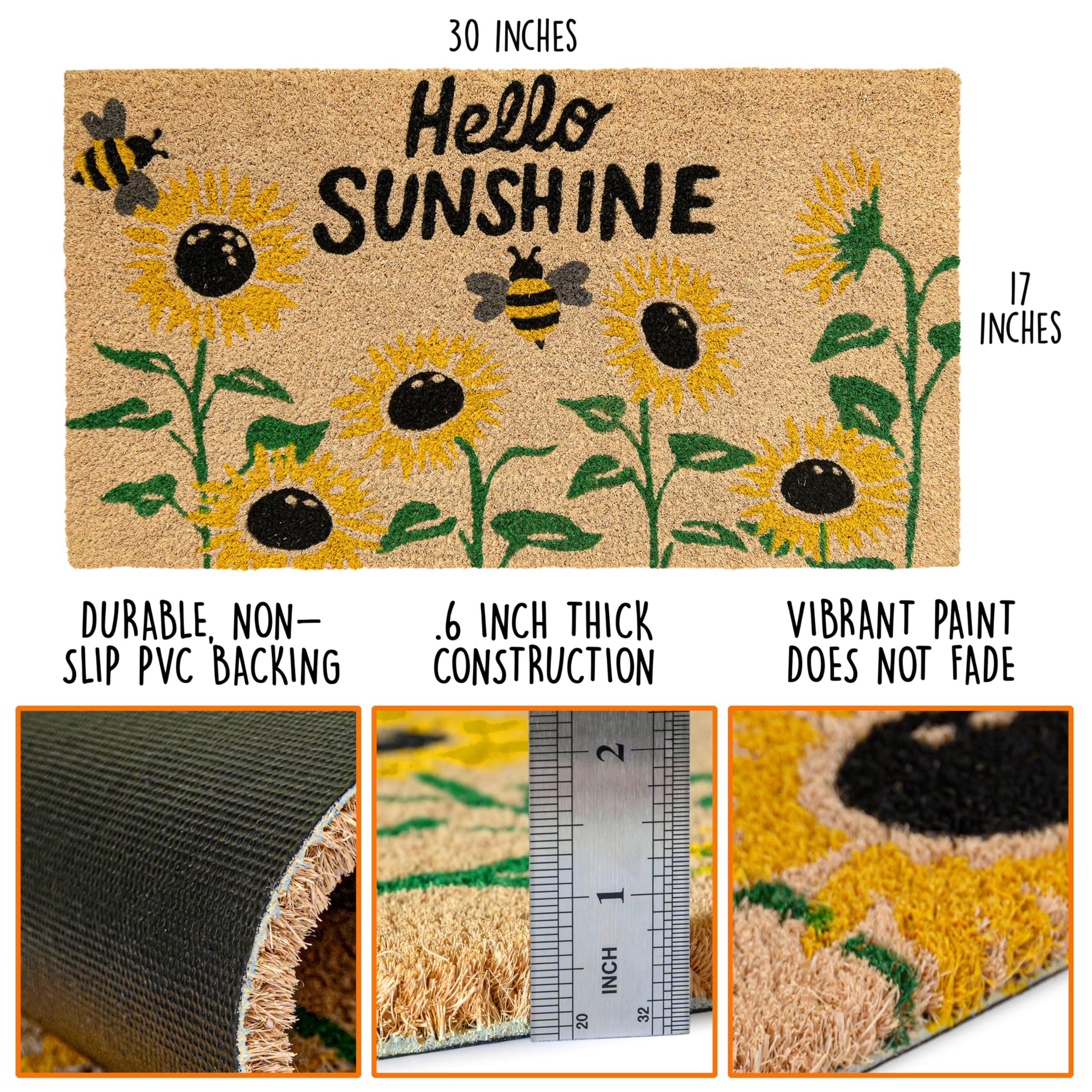 Close-up texture of MAINEVENT sunflower welcome mat highlighting durable coir fibers