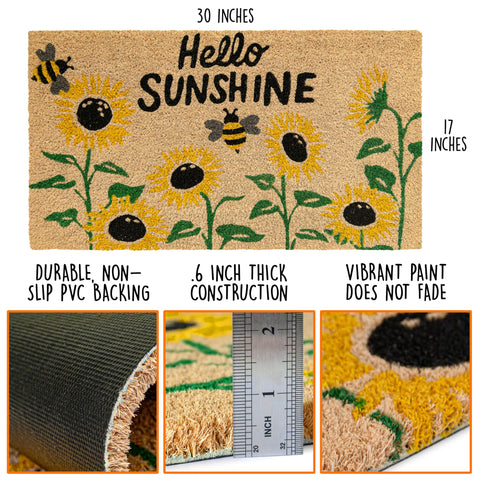 Close-up texture of MAINEVENT sunflower welcome mat highlighting durable coir fibers