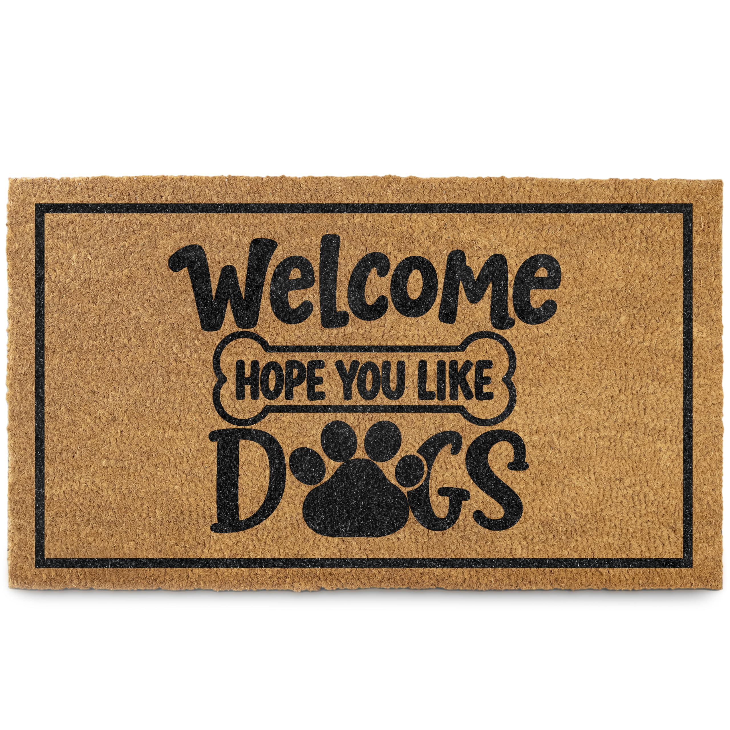 MAINEVENT Welcome Hope You Like Dogs Doormat front porch image shows 30x17 size outdoors