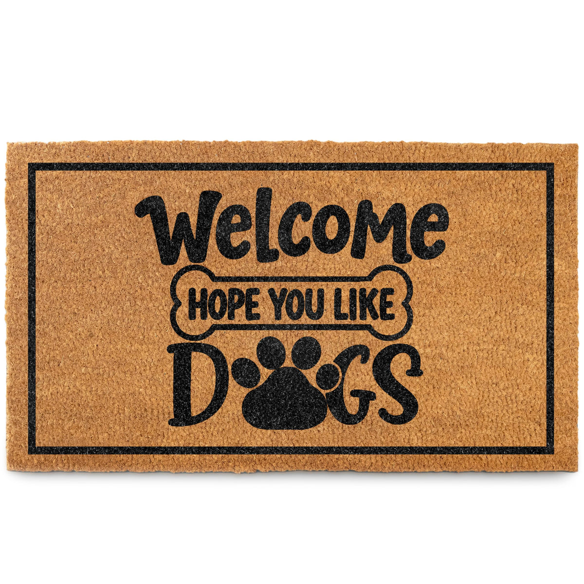 MAINEVENT Welcome Hope You Like Dogs Doormat front porch image shows 30x17 size outdoors