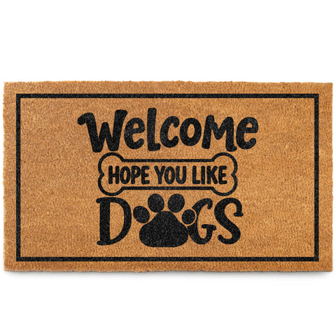 MAINEVENT Welcome Hope You Like Dogs Doormat front porch image shows 30x17 size outdoors