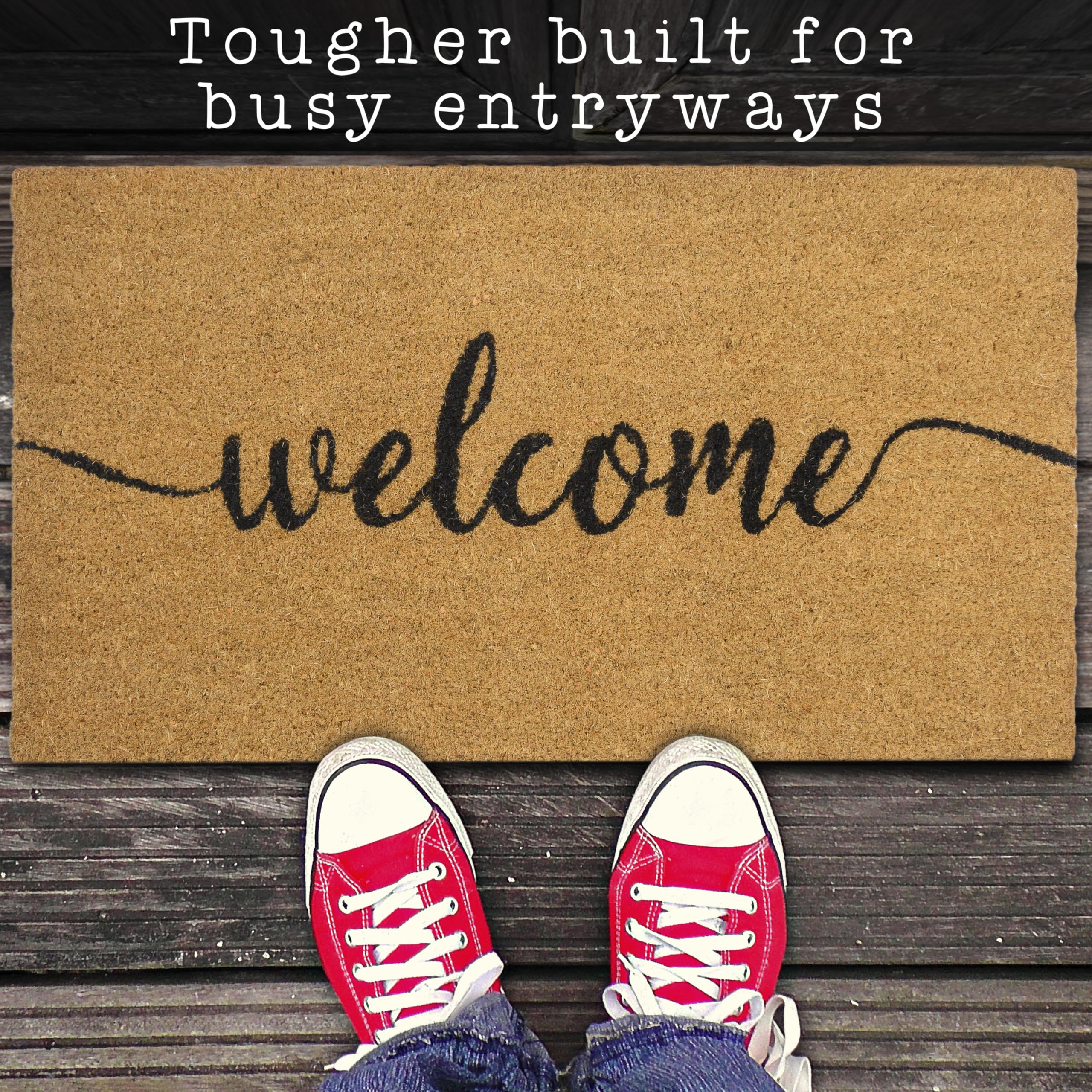 MAINEVENT Script Welcome Mat features thick coco fibers and vibrant paint.