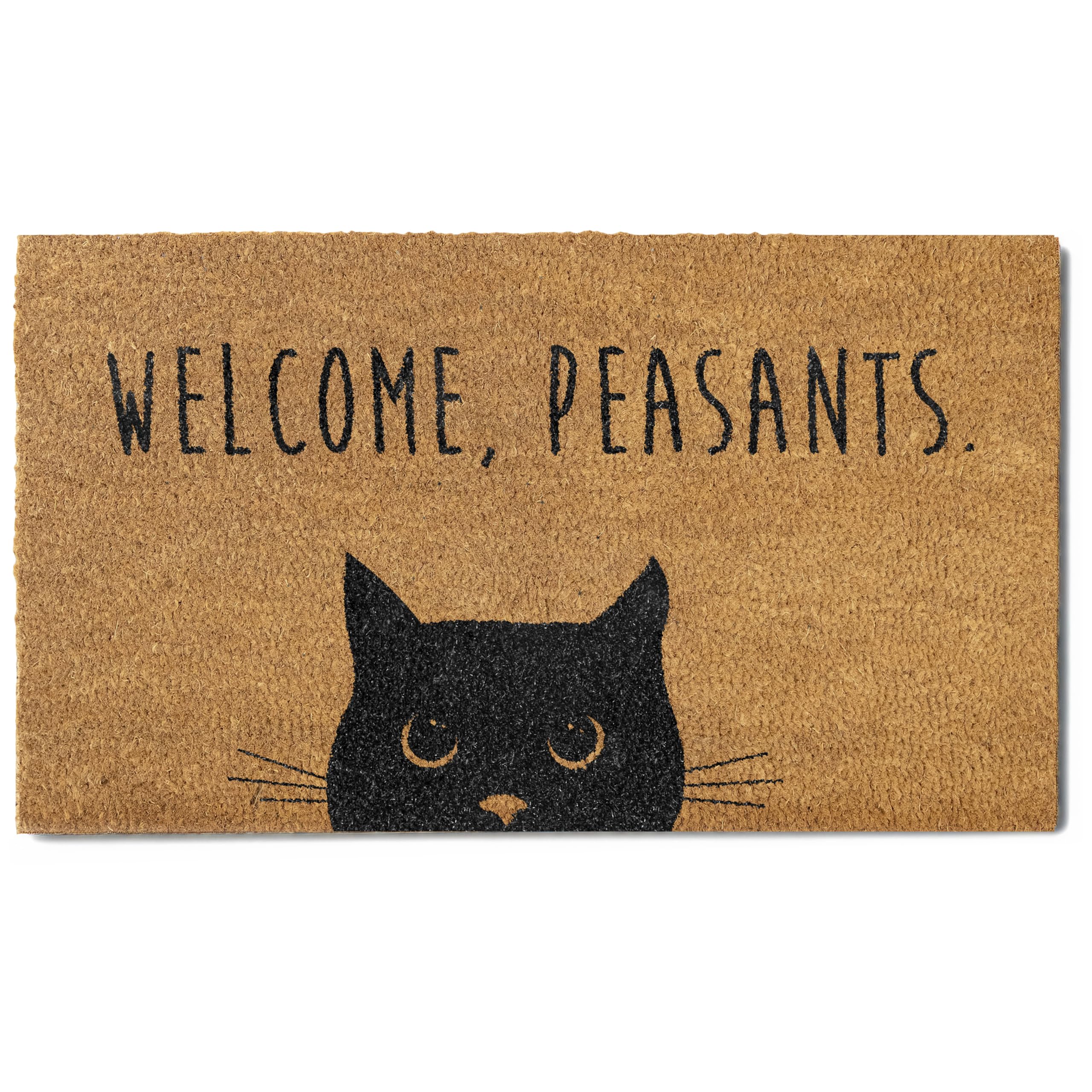 MAINEVENT Welcome Peasants cat doormat outdoors shows inviting design and outdoor-ready size.