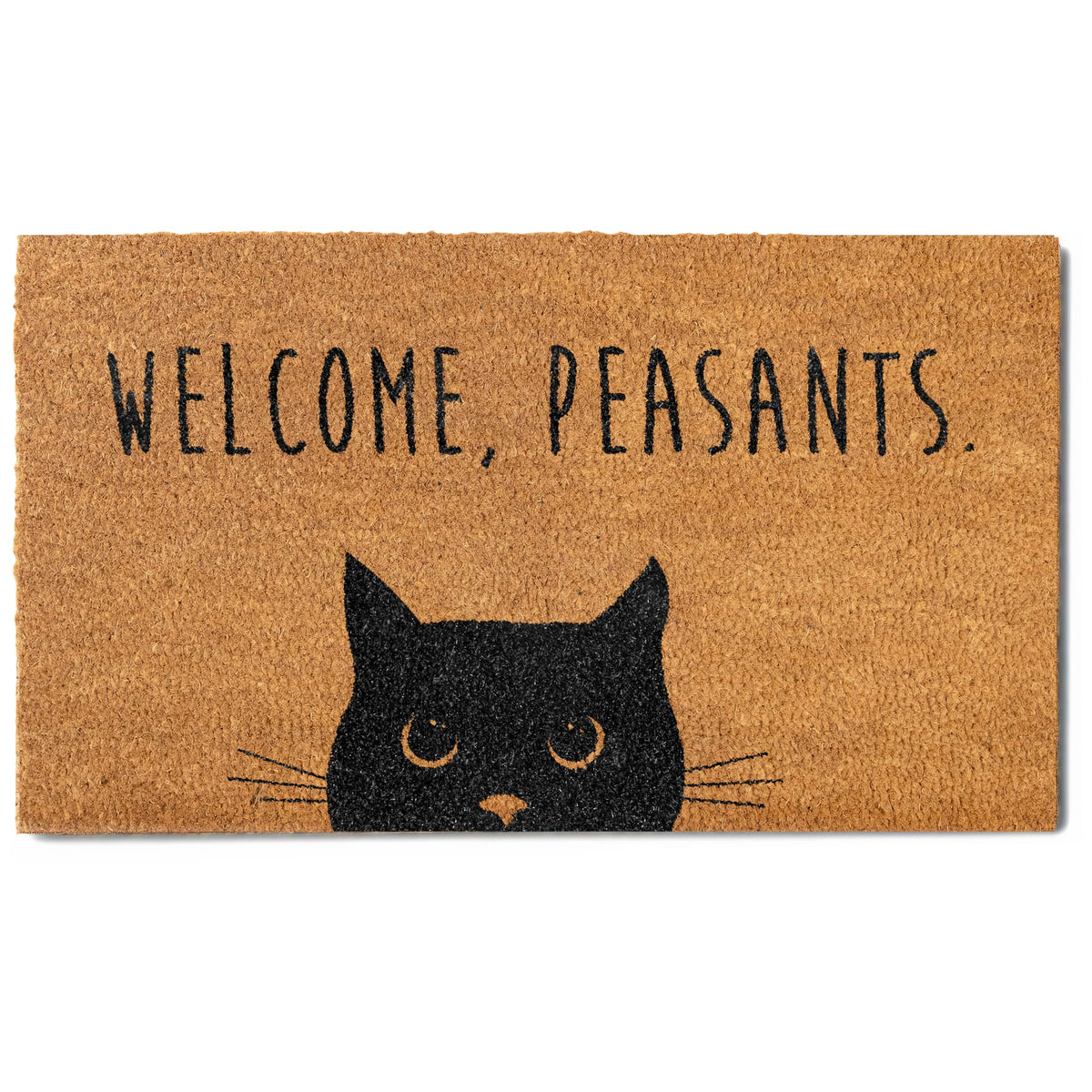 MAINEVENT Welcome Peasants cat doormat outdoors shows inviting design and outdoor-ready size.