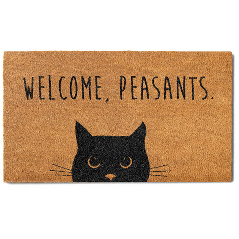MAINEVENT Welcome Peasants cat doormat outdoors shows inviting design and outdoor-ready size.