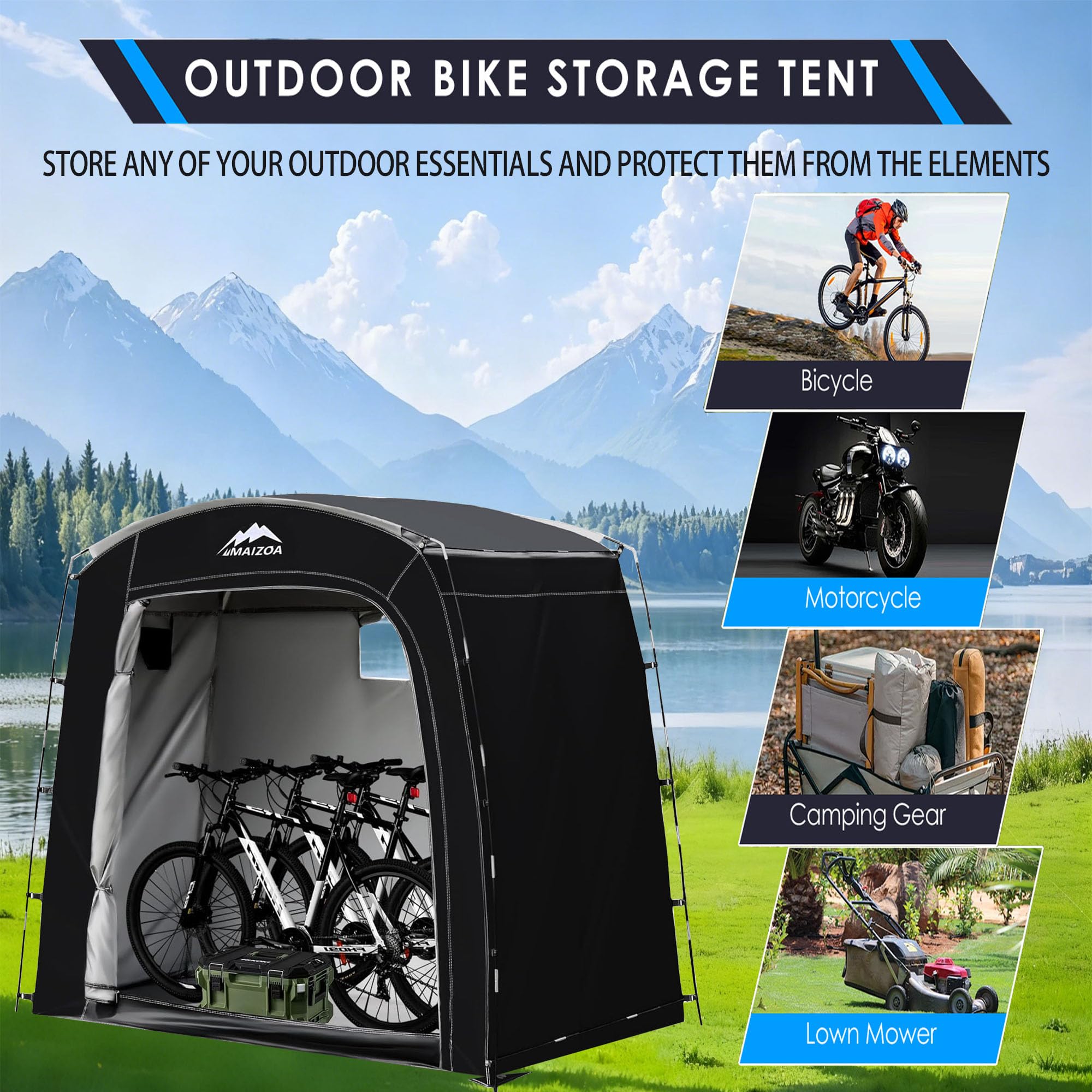 MAIZOA Bike Storage Tent fabric detail shows PU4000mm waterproof protection and durability