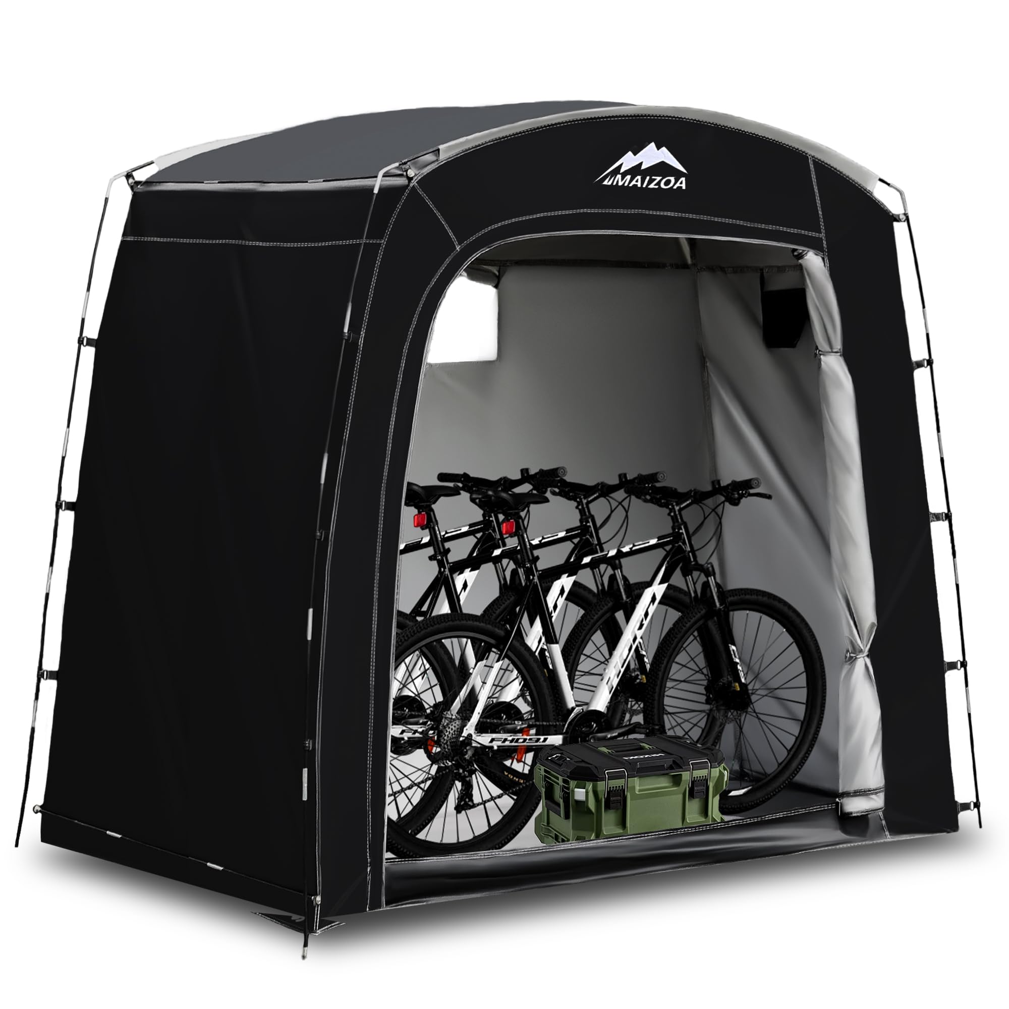 MAIZOA Bike Storage Tent front view shows spacious, weatherproof storage for bikes