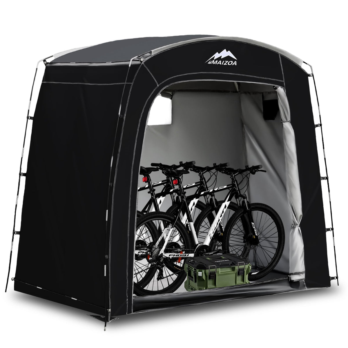 MAIZOA Bike Storage Tent front view shows spacious, weatherproof storage for bikes