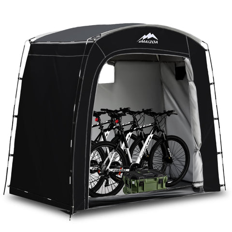 MAIZOA Bike Storage Tent front view shows spacious, weatherproof storage for bikes