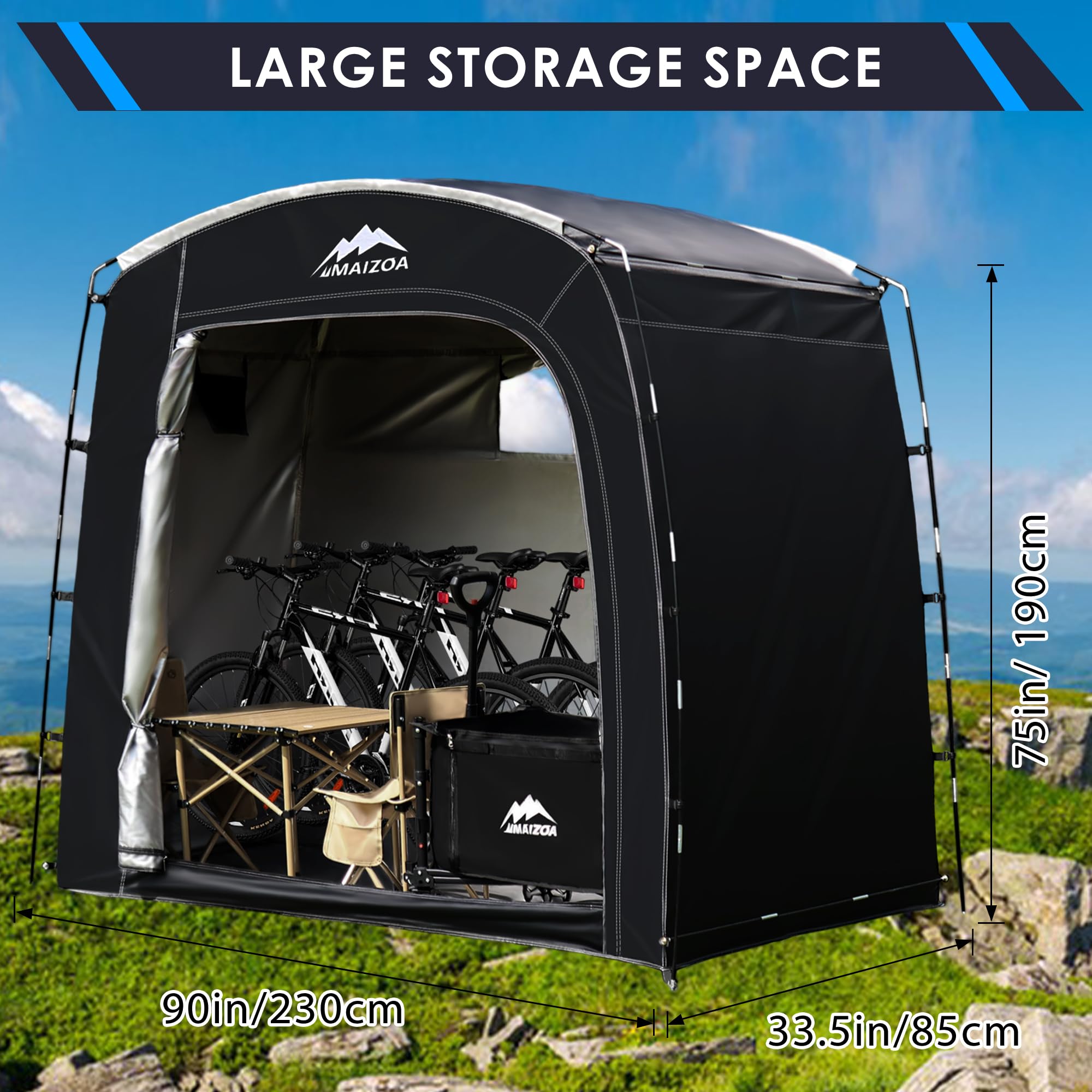 MAIZOA Bike Storage Tent inside layout reveals organized space for mowers and tools