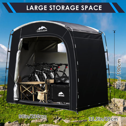 MAIZOA Bike Storage Tent inside layout reveals organized space for mowers and tools