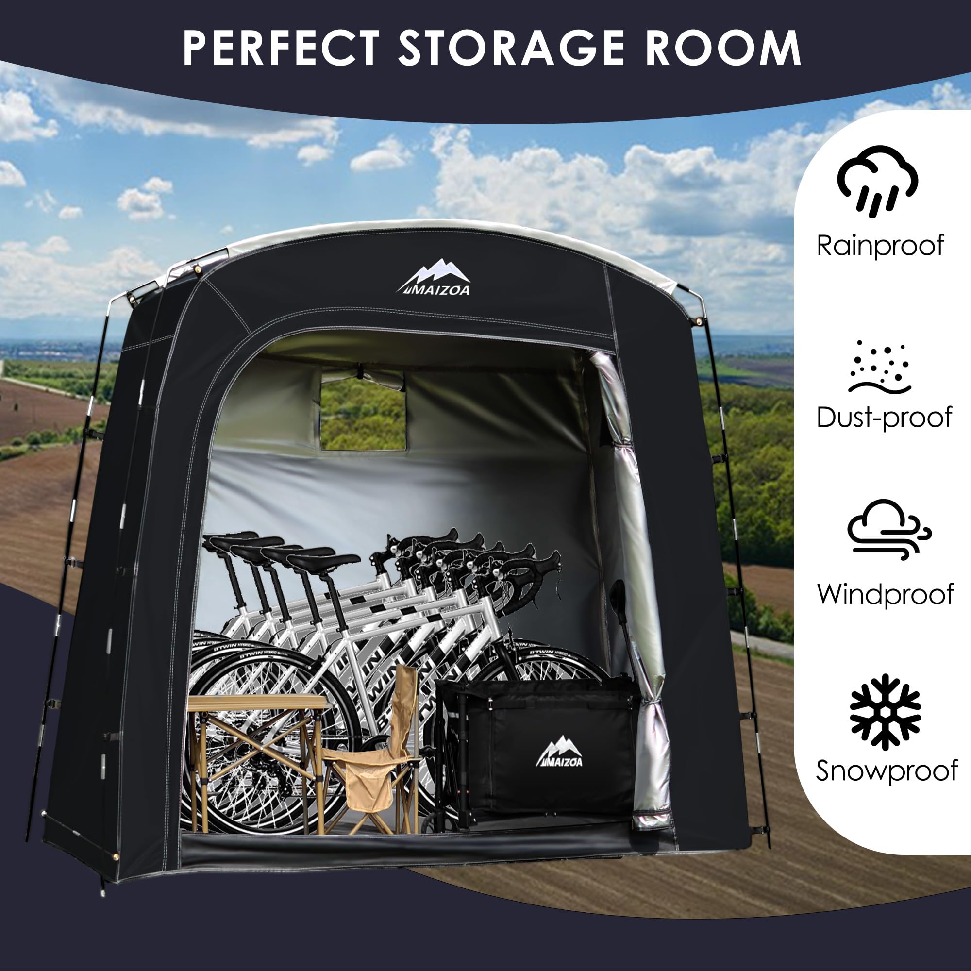 MAIZOA Bike Storage Tent open door demonstrates easy access to bikes and tools