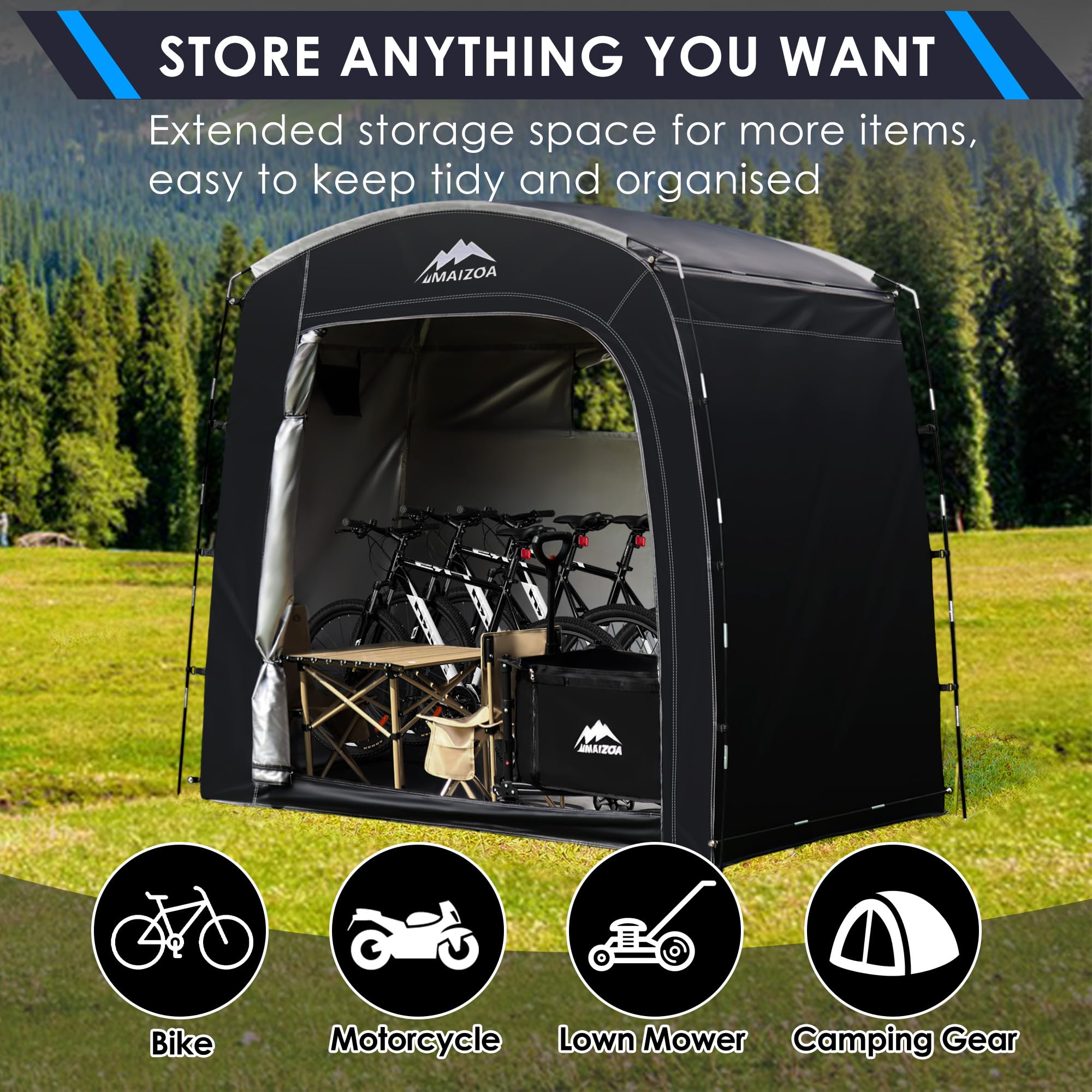 MAIZOA Bike Storage Tent side view highlights vertical space efficiency for gear