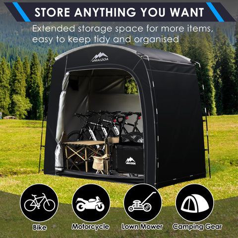 MAIZOA Bike Storage Tent side view highlights vertical space efficiency for gear