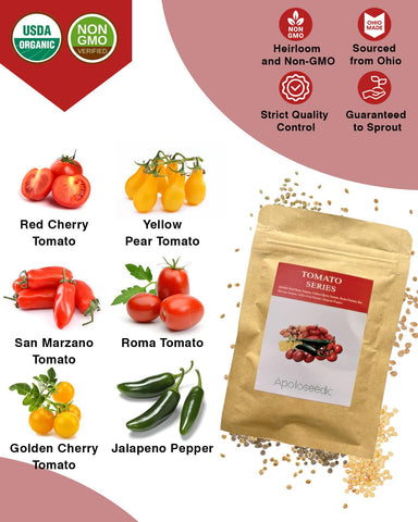Majero seed pod kit showing diverse tomato varieties including cherry, Roma, and jalapeño.