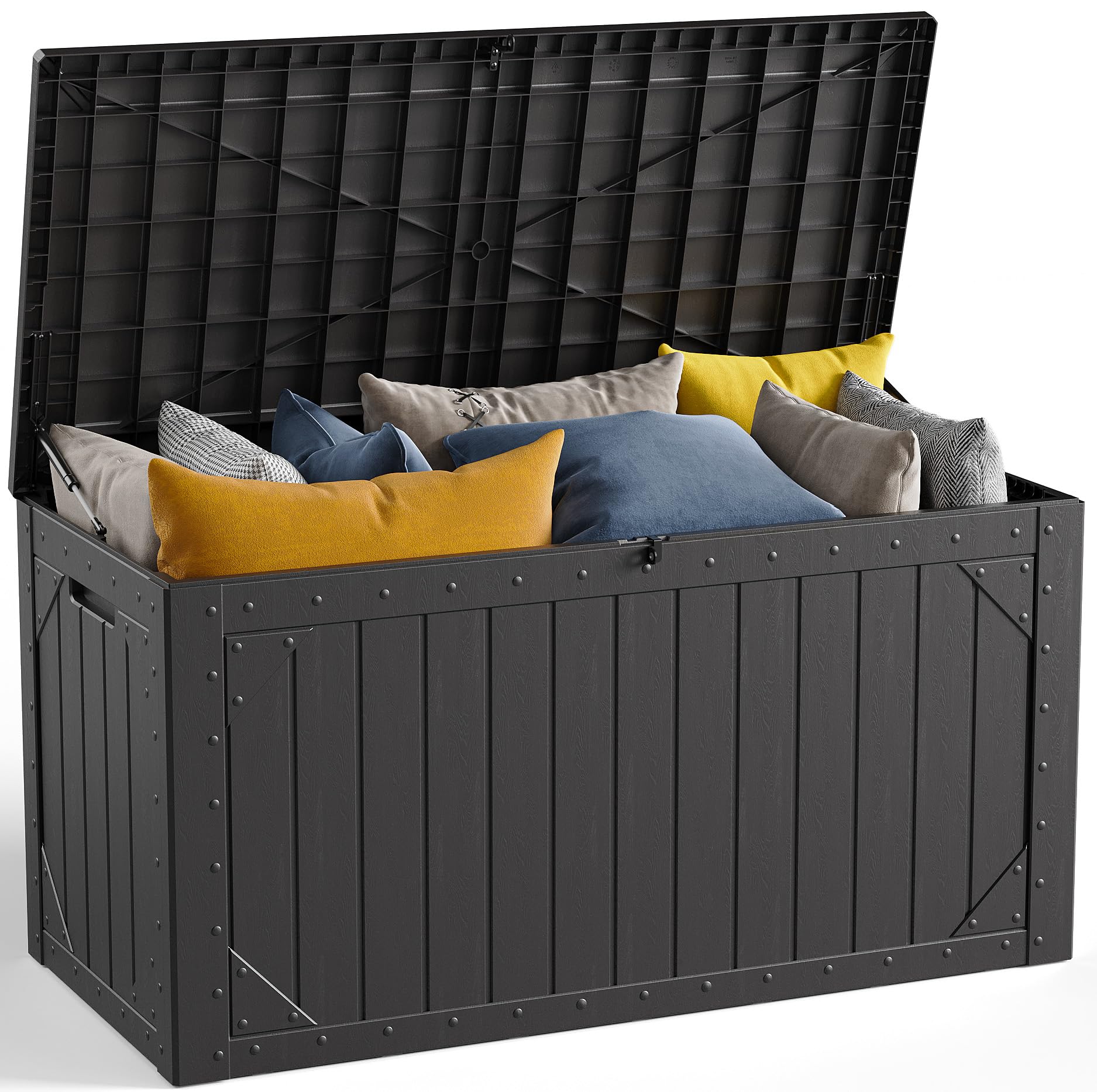 Make Changes 100 Gallon storage box front view showcases cushion and tool organization.