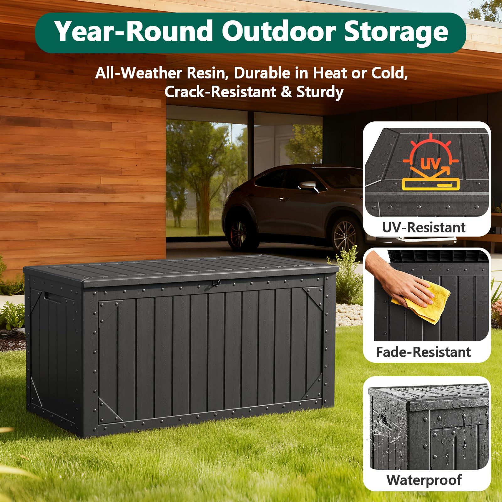 Make Changes 100 Gallon storage box lockable lid secures outdoor belongings.