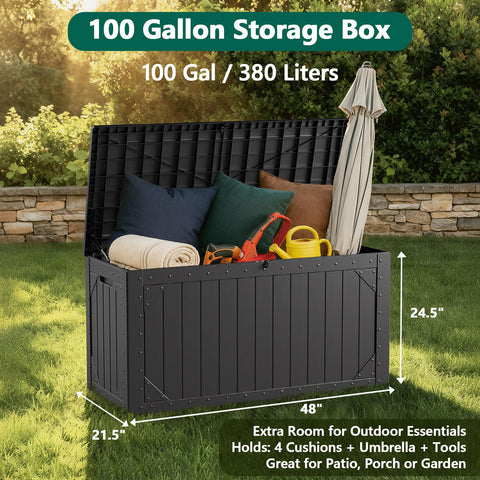 Make Changes 100 Gallon storage box lid-open demonstrates seating capability.
