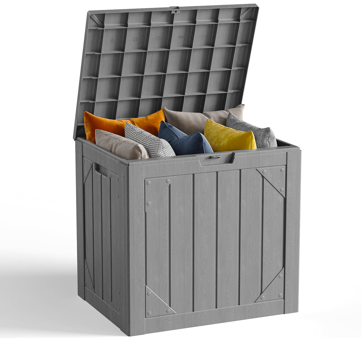 Make Changes 30-gallon storage box front view highlighting spacious, weatherproof exterior.